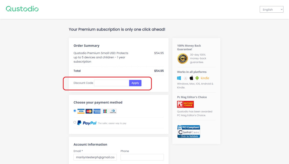 Qustodio checkout page